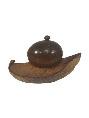 Handcrafted Natural Coconut Shell & Wood Trinket Box With Lid Rustic Design Arti
